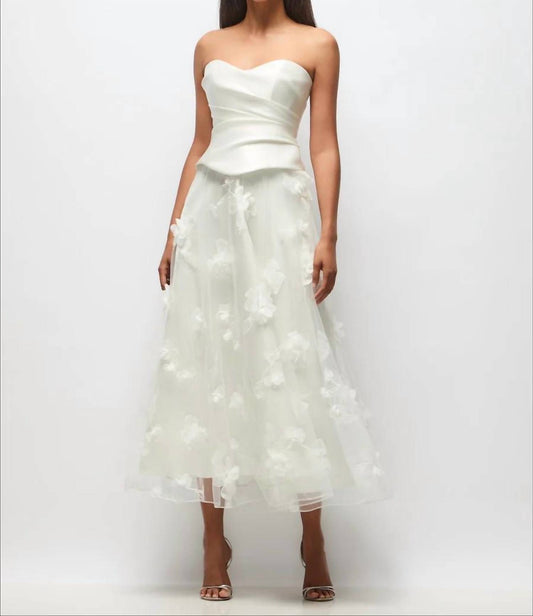 Strapless Drop Waist Satin Corset Tulle Midi Dress