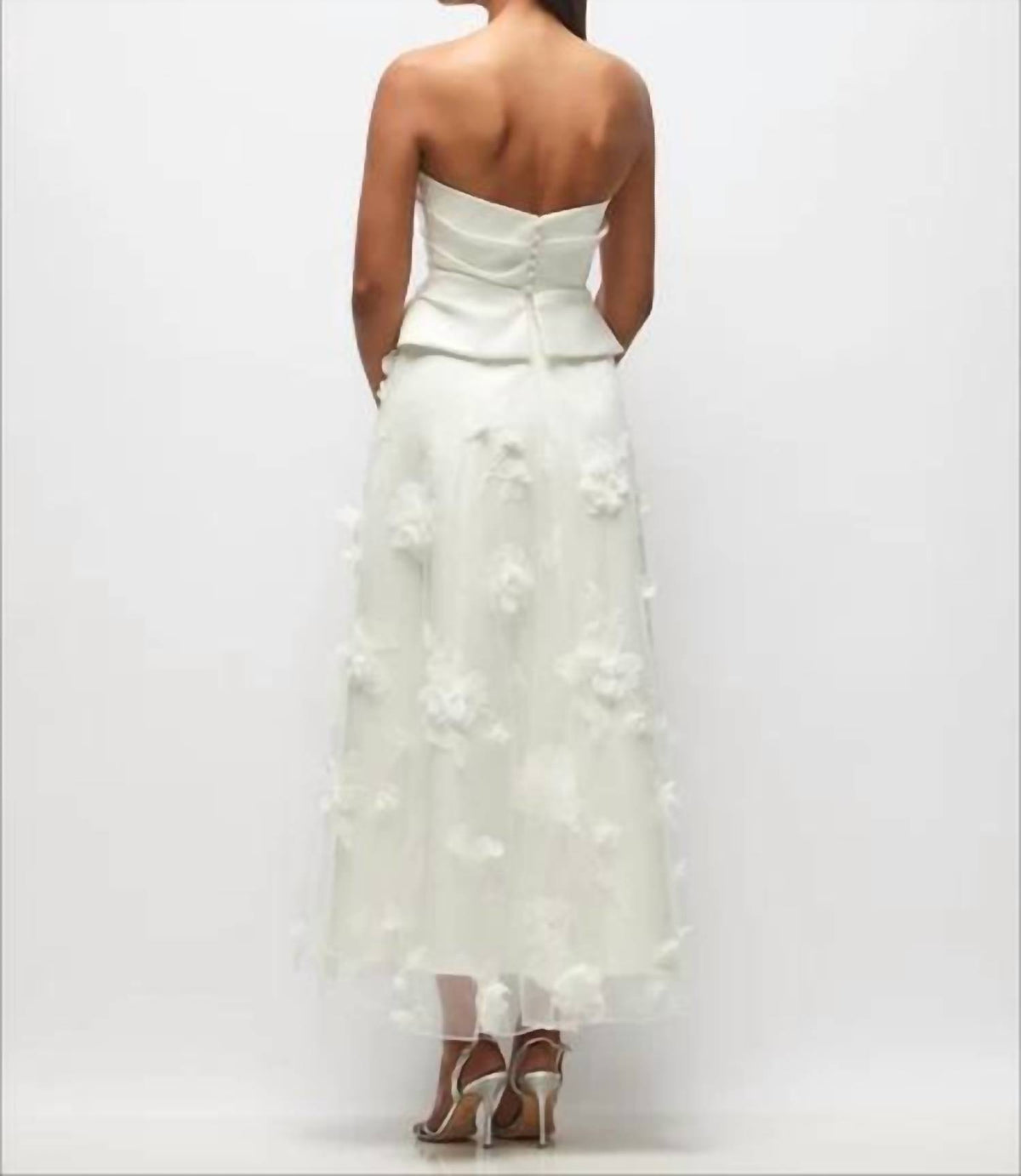 Strapless Drop Waist Satin Corset Tulle Midi Dress