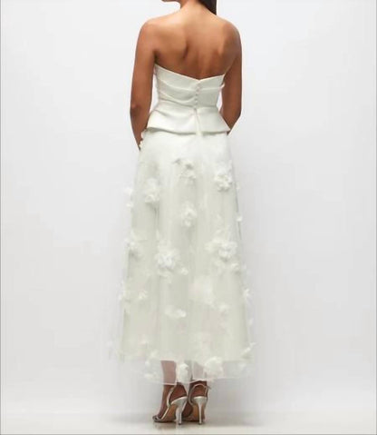 Strapless Drop Waist Satin Corset Tulle Midi Dress