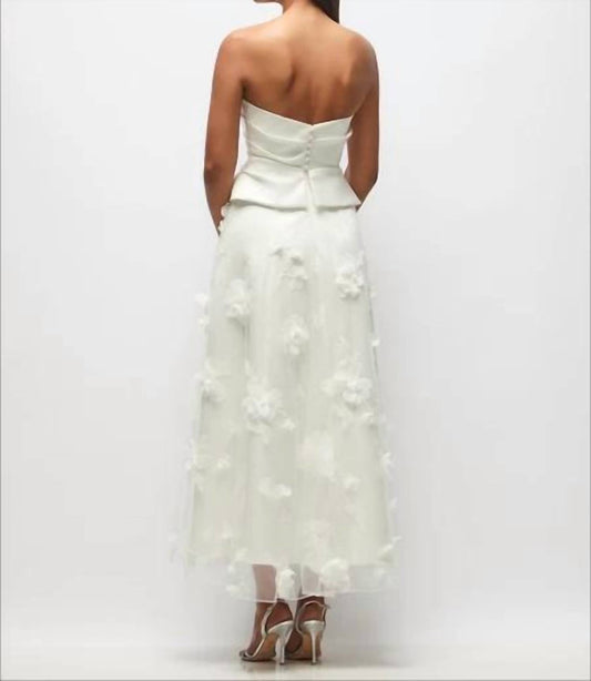 Strapless Drop Waist Satin Corset Tulle Midi Dress