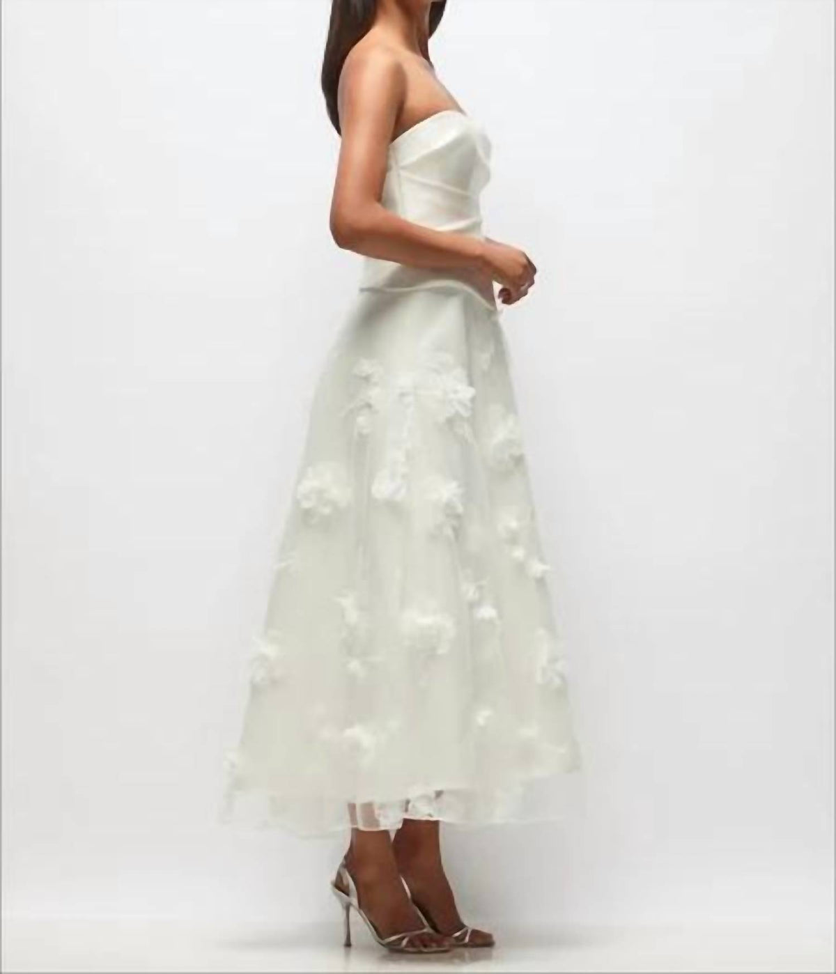 Strapless Drop Waist Satin Corset Tulle Midi Dress