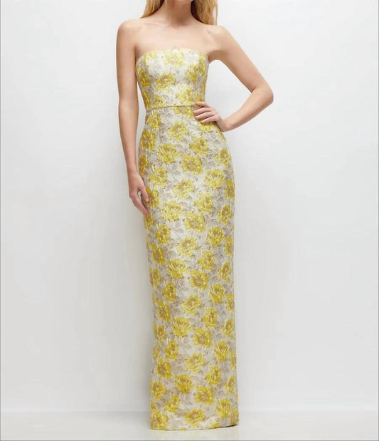 Strapless Floral Jacquard Column Dress With Back Slit