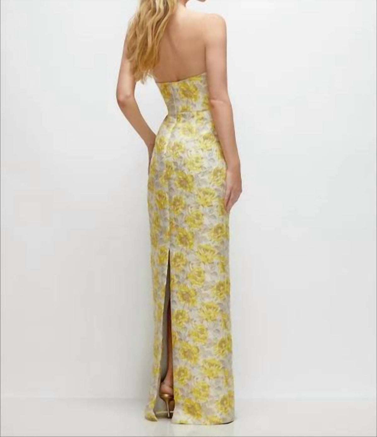 Strapless Floral Jacquard Column Dress With Back Slit