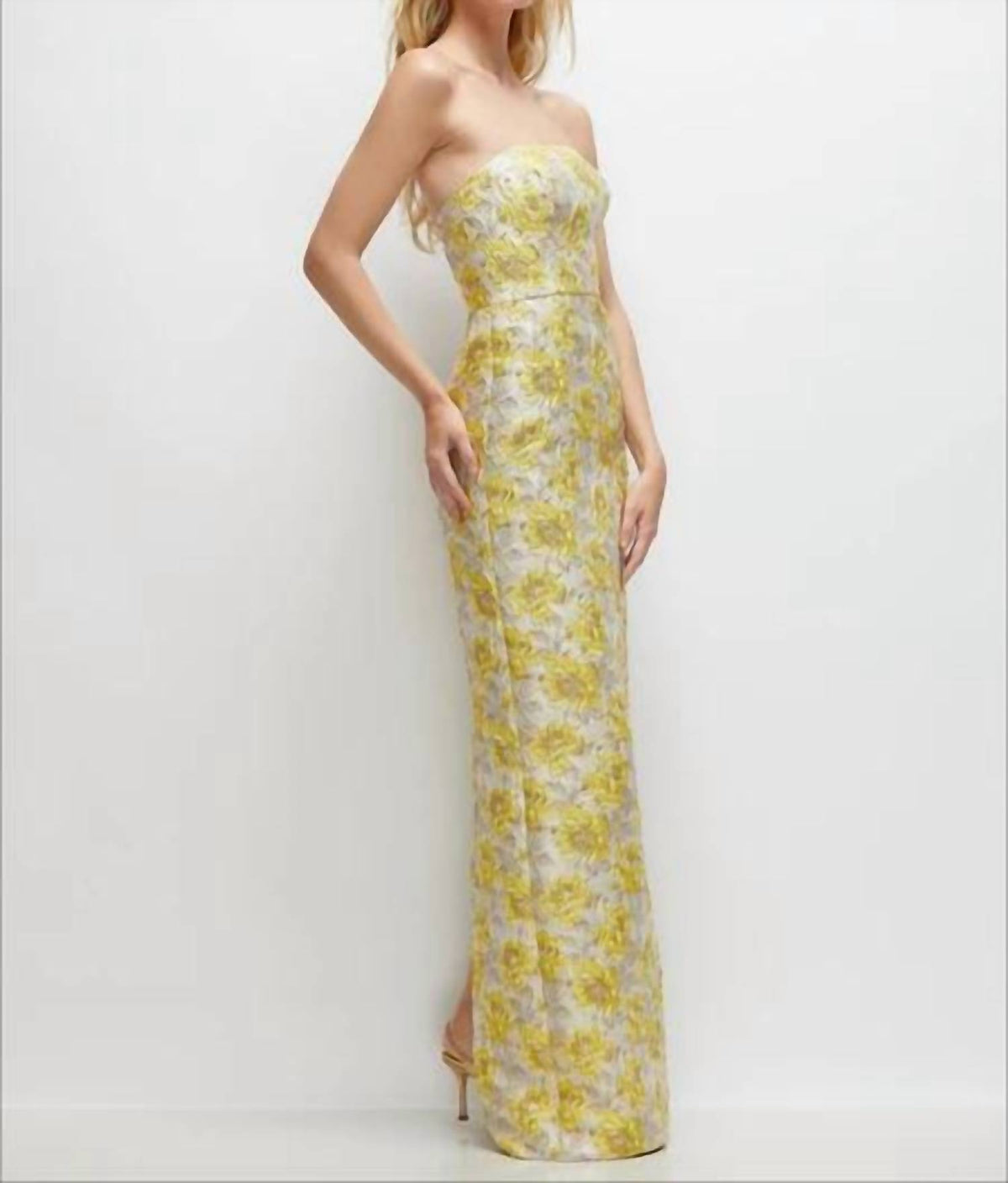 Strapless Floral Jacquard Column Dress With Back Slit