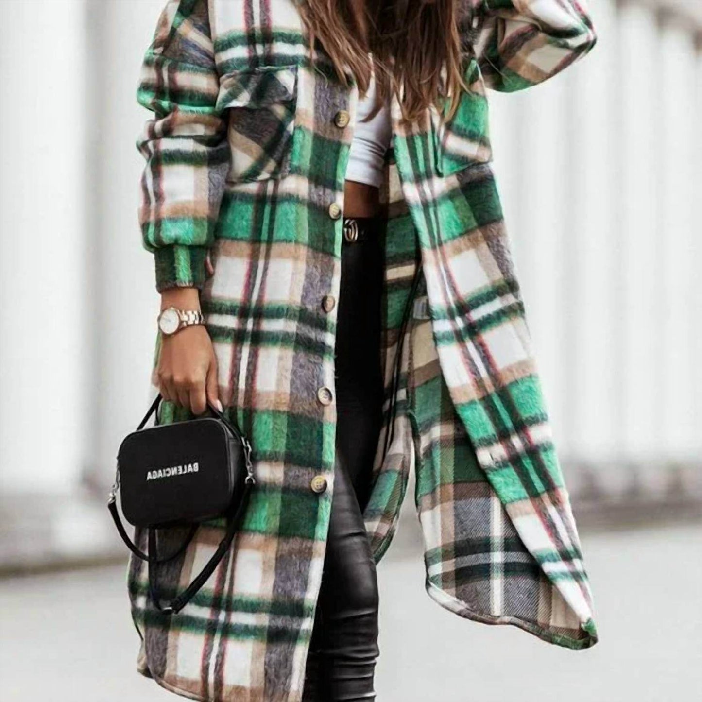 ChicMe - Green Plaid Printdrop Shoulder Button Down Longline Shacket Jacket - Rack Hunt -