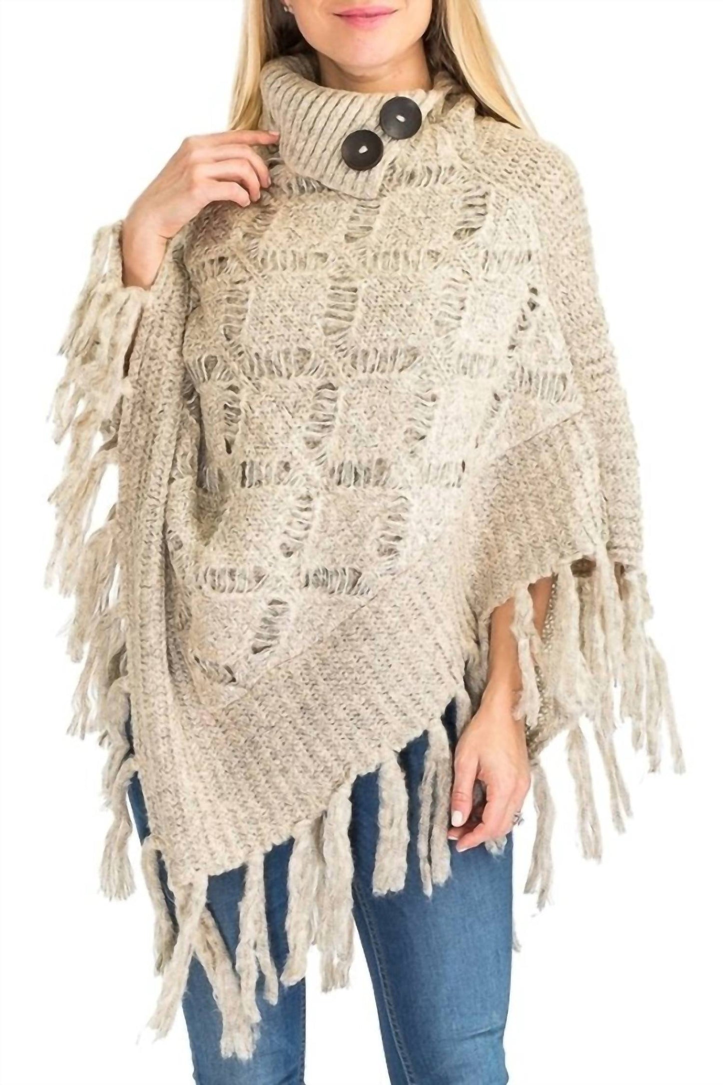 Turtleneck Ribbed Crochet Knit Poncho