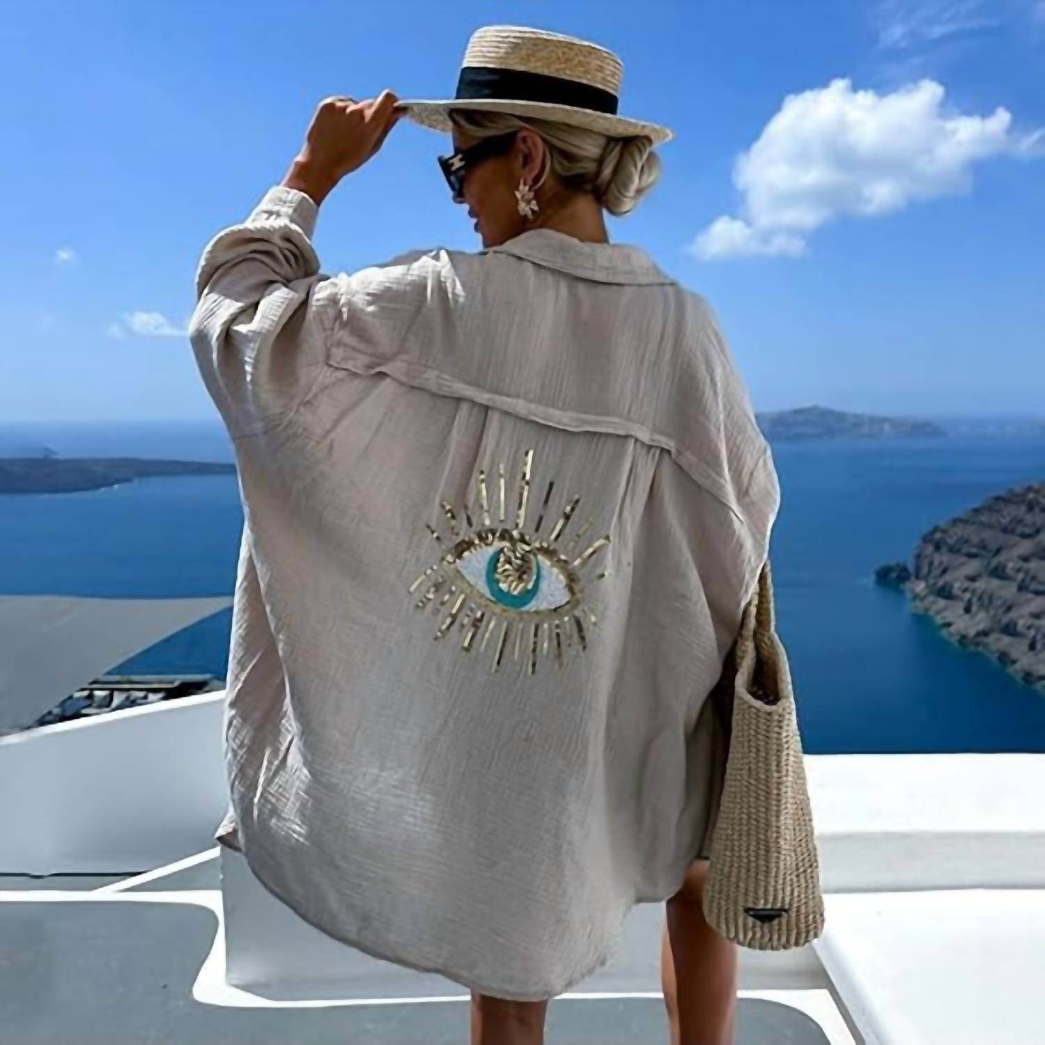 Always Amalfi - Oversized Evil Eye Gauze Cotton Button Shirt - Rack Hunt -