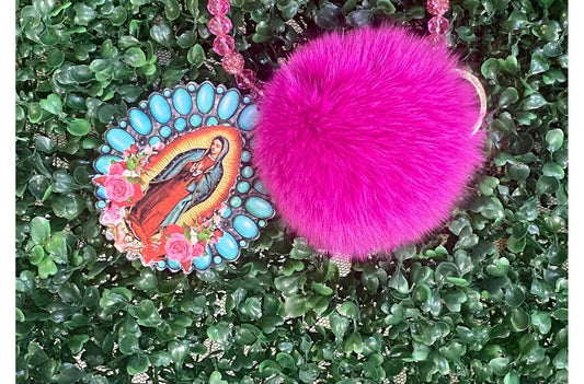 Women's Beaded Pom Pom And Our Lady Of Guadalupe Keychain