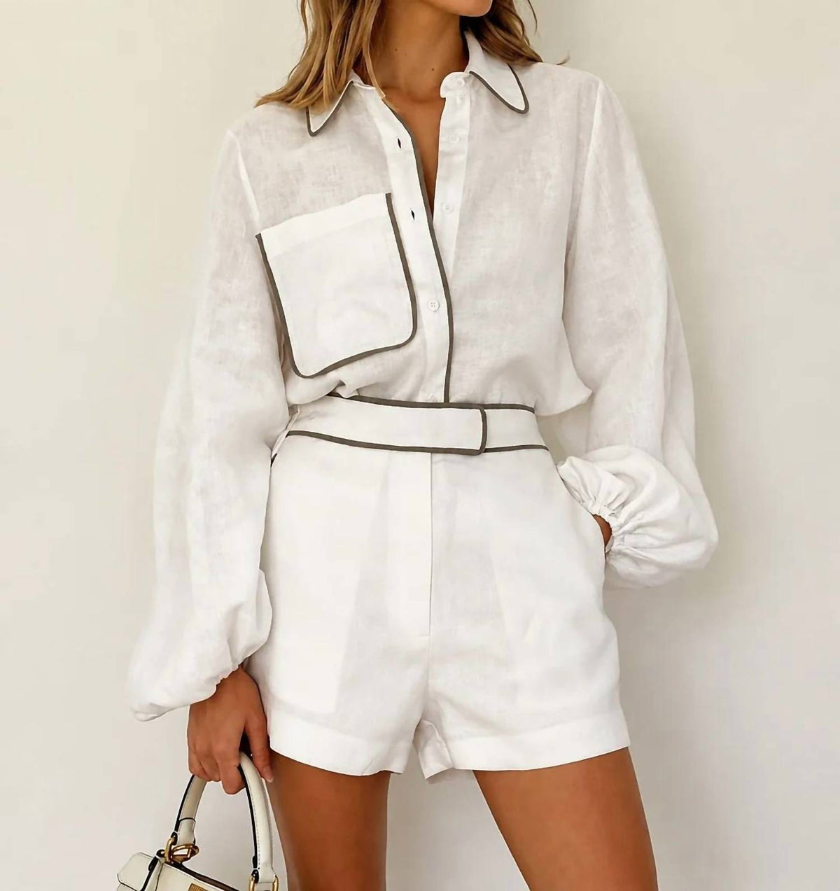 Dipped Shop Women's Color Block Button Down Two-Piece Blouse & Shorts in White