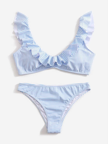 Striped Flouce V-neck 2 Piece Swimsuit