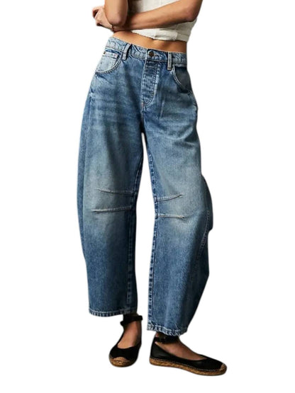 Washed Mid Rise Loose Barrel Jean