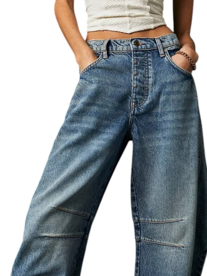 Washed Mid Rise Loose Barrel Jean