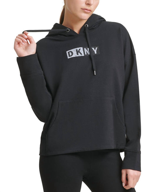 DKNY Womens Activewear Sport Logo Hooded Cotton Sweatshirt