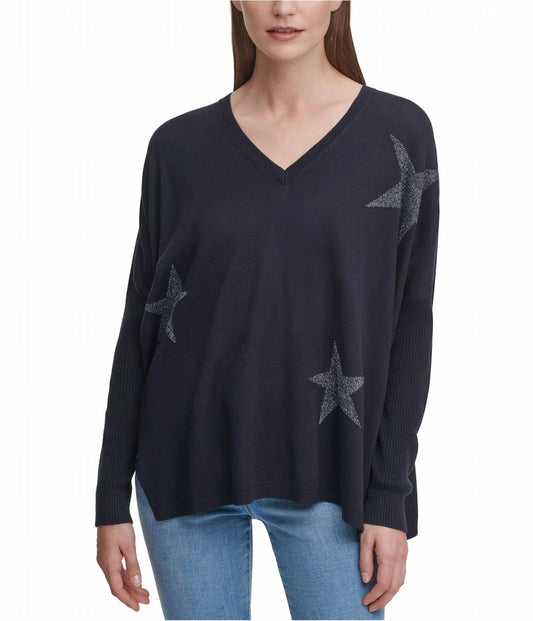 Glitter Star Print V-neck Pullover Sweater