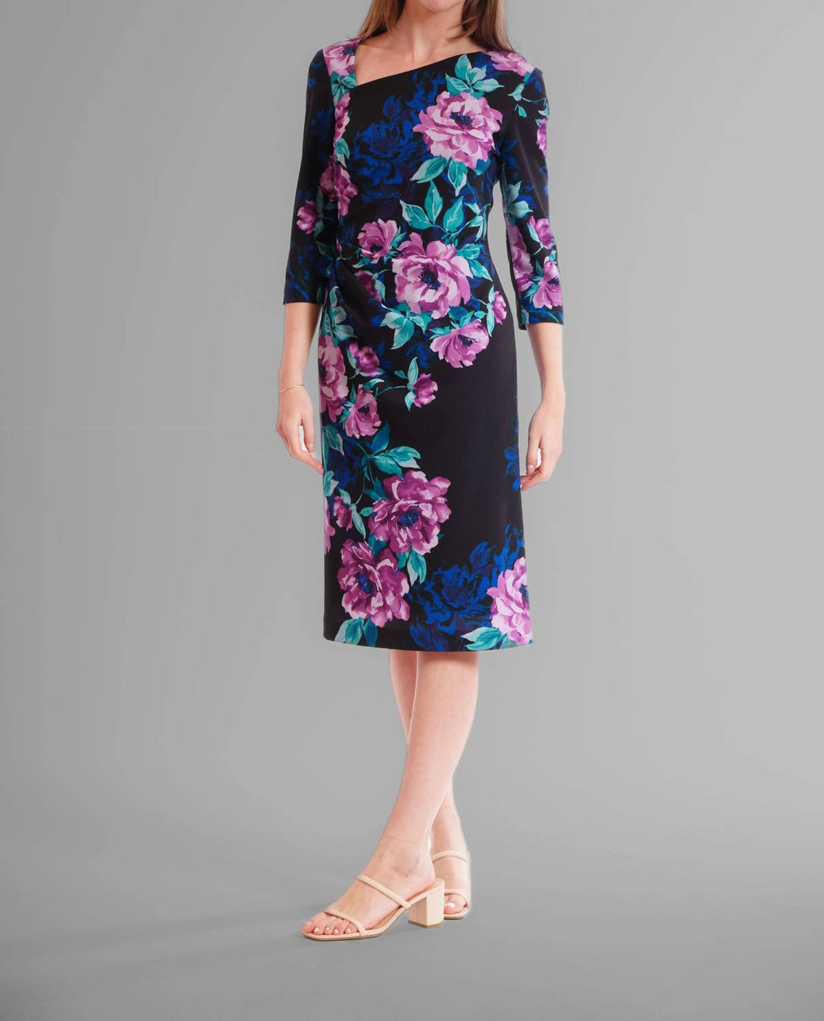 Asymmetric Neck Floral Midi Dress