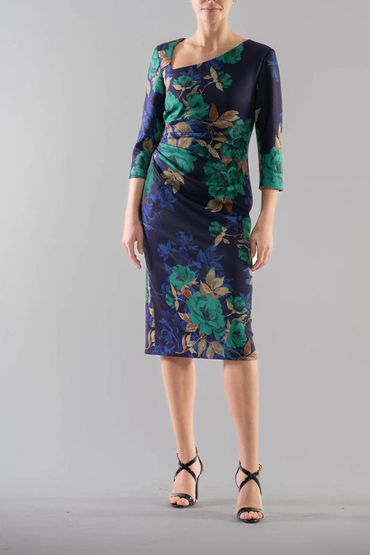 Asymmetric Neck Floral Midi Dress