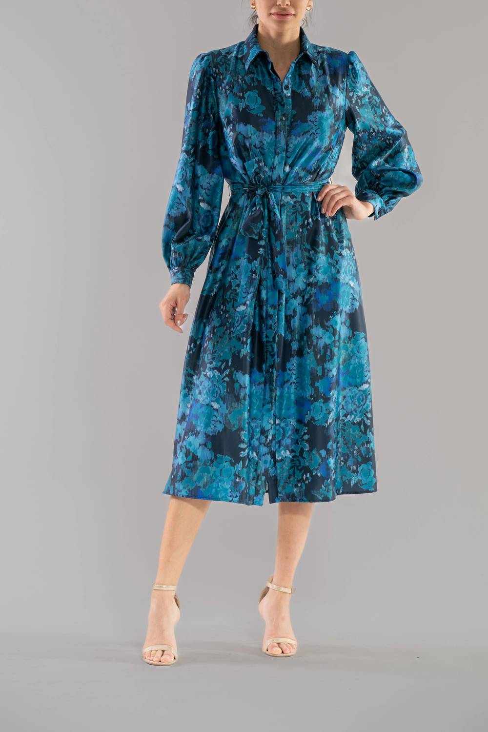 Long Sleeve Printed Belted Shirt Dress