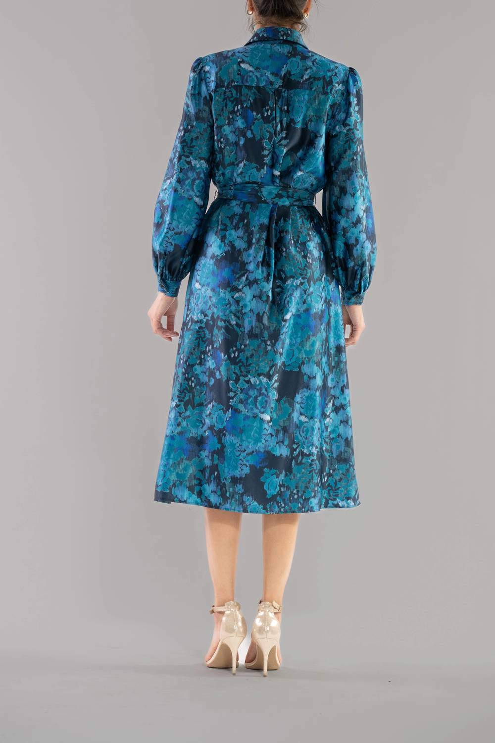 Long Sleeve Printed Belted Shirt Dress