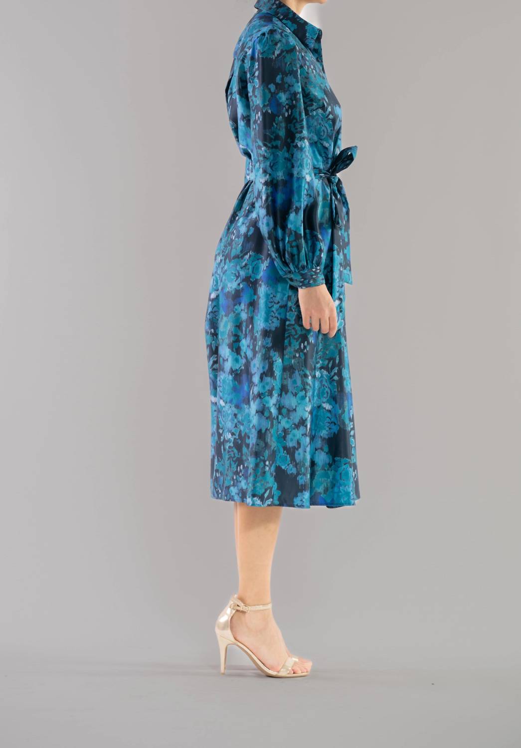 Long Sleeve Printed Belted Shirt Dress