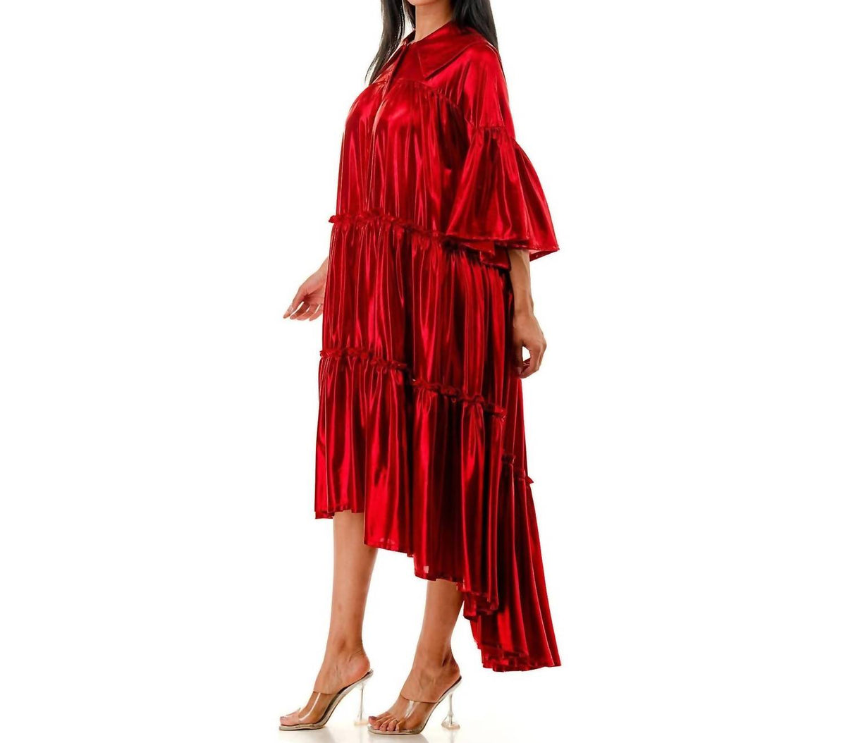 Metallic Pleated Tiered Flare Midi Dress - Plus