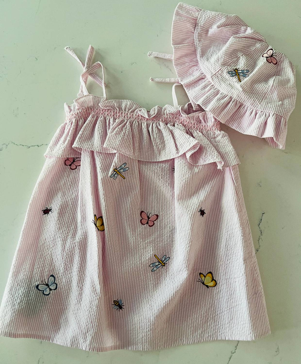 Baby Girls Two-Piece Stripe Dress With Hat & Insect