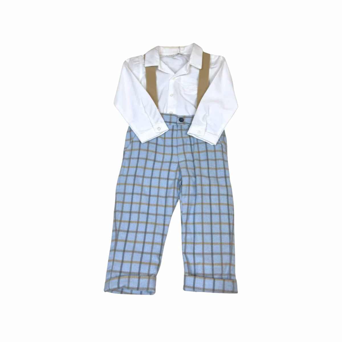 Little Boys Three-Piece Plaid Pant With Detachable Suspenders & Onesie Collared Top