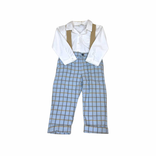 Little Boys Three-Piece Plaid Pant With Detachable Suspenders & Onesie Collared Top