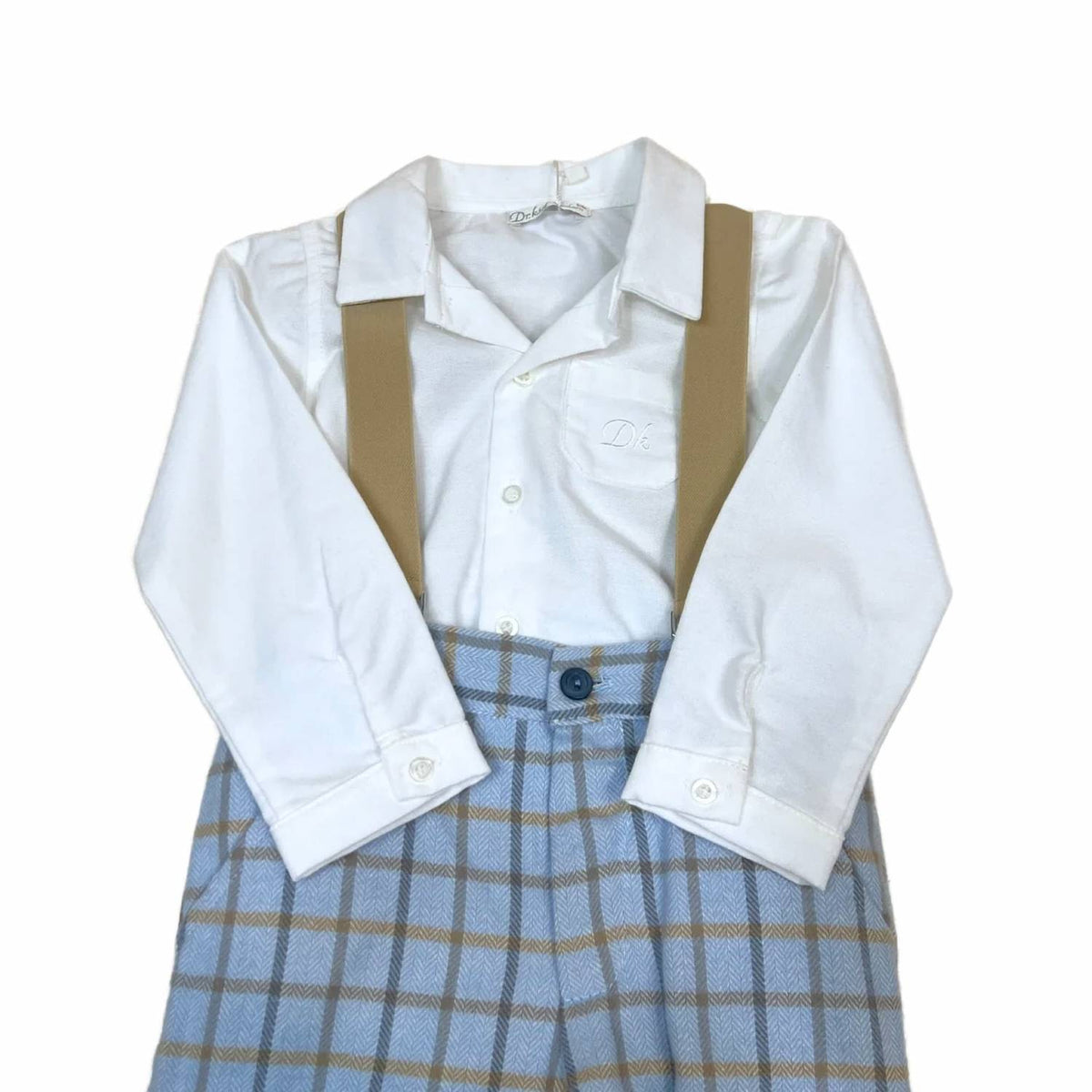 Little Boys Three-Piece Plaid Pant With Detachable Suspenders & Onesie Collared Top