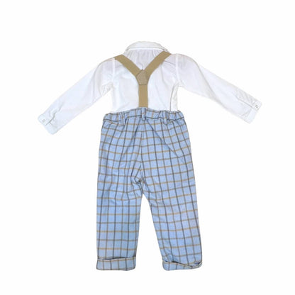 Little Boys Three-Piece Plaid Pant With Detachable Suspenders & Onesie Collared Top