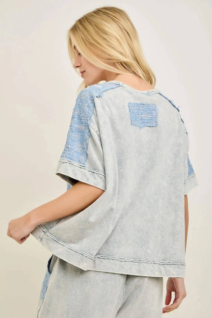 Mineral Washed Flower Patched Blouse Top