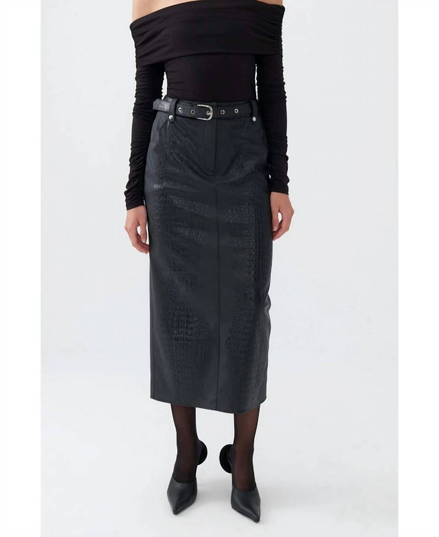 Faux Leather Midi Skirt With Belt