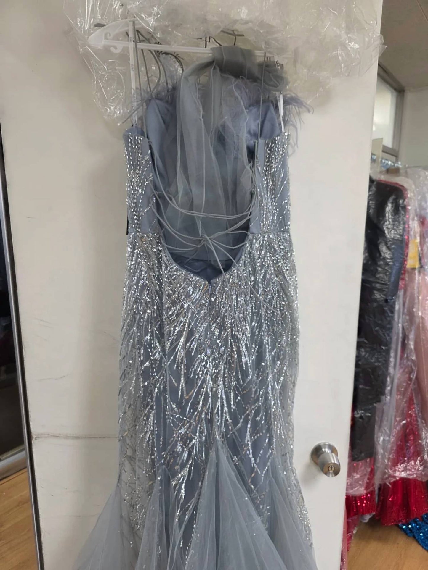 Sequin Print Feather Mermaid Gown