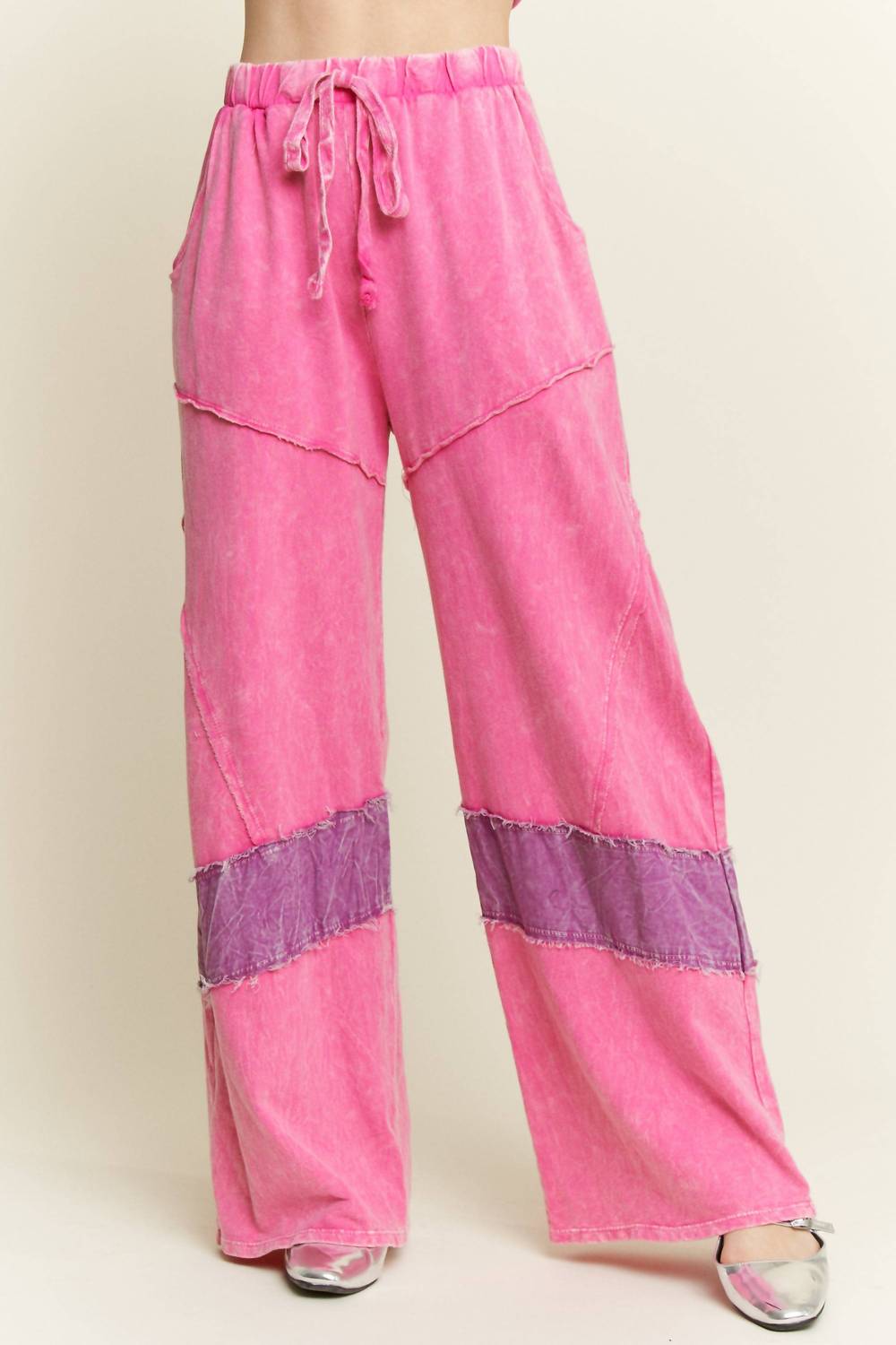 Mineral Washed Denim Patched Wide Leg Pants