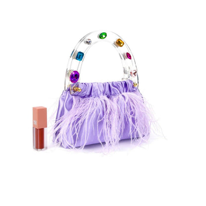 Women's Colorful Gem Handle Embellished Feather Bag
