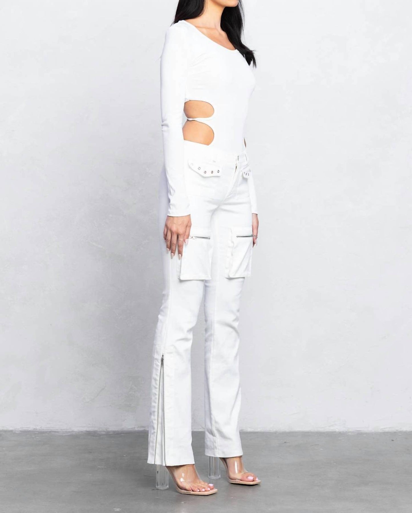 Cut Out Back Side Long Sleeves Bodysuit