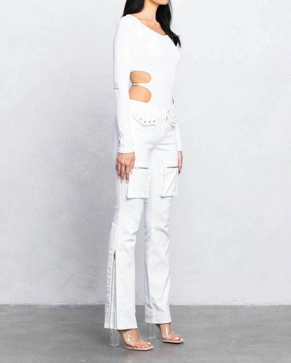 Cut Out Back Side Long Sleeves Bodysuit