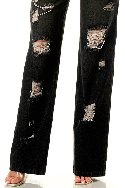 Ripped Jeans With Pearls Embellished