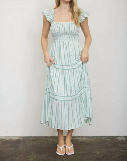 Stripe Floral Pattern Smocked Tiered Midi Dress