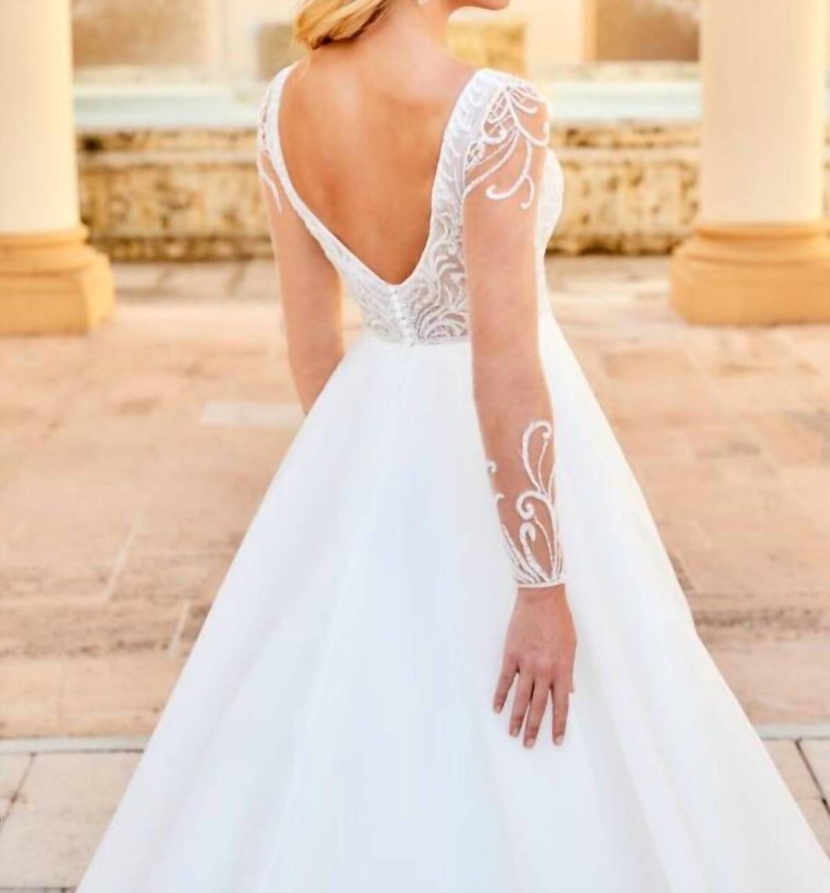 Sheer Sleeve Plunging Neckline Wedding Dress
