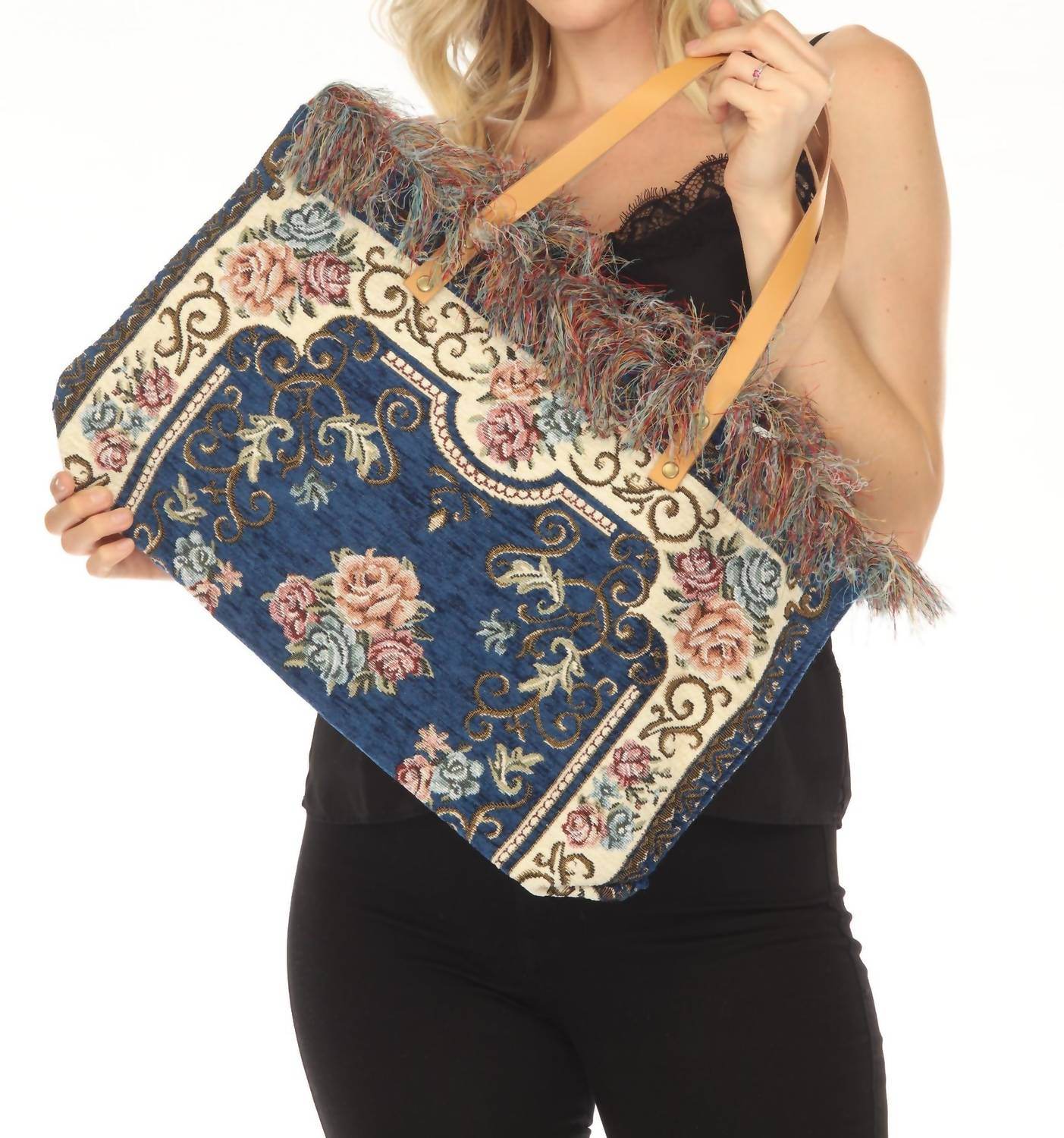 Jijou Capri - Women's Tapestry Leather Double Handle Handbag - Rack Hunt -