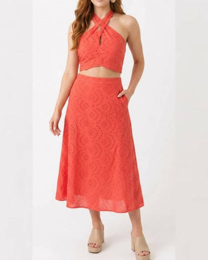 Eyelet Halter Top And Midi Skirt Set