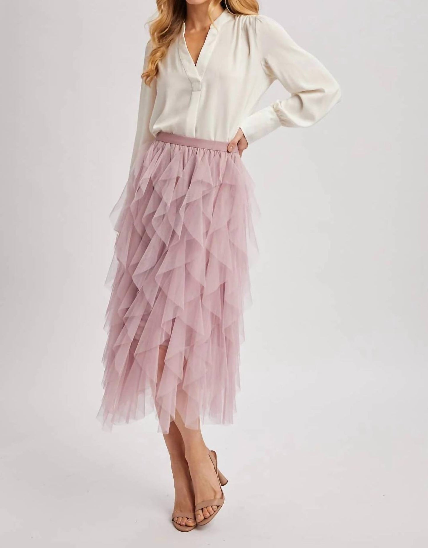 Spiral Ruffled Tulle Midi Skirt