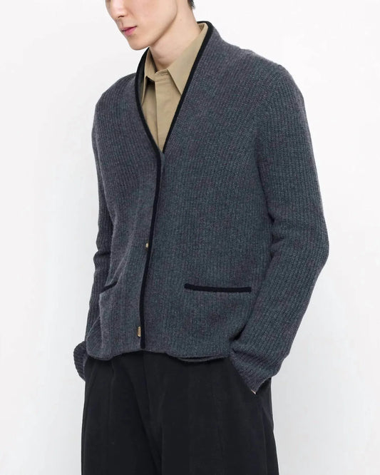 7115 by SZEKI - V-neck Pockets Trimmed Cardigan - Rack Hunt