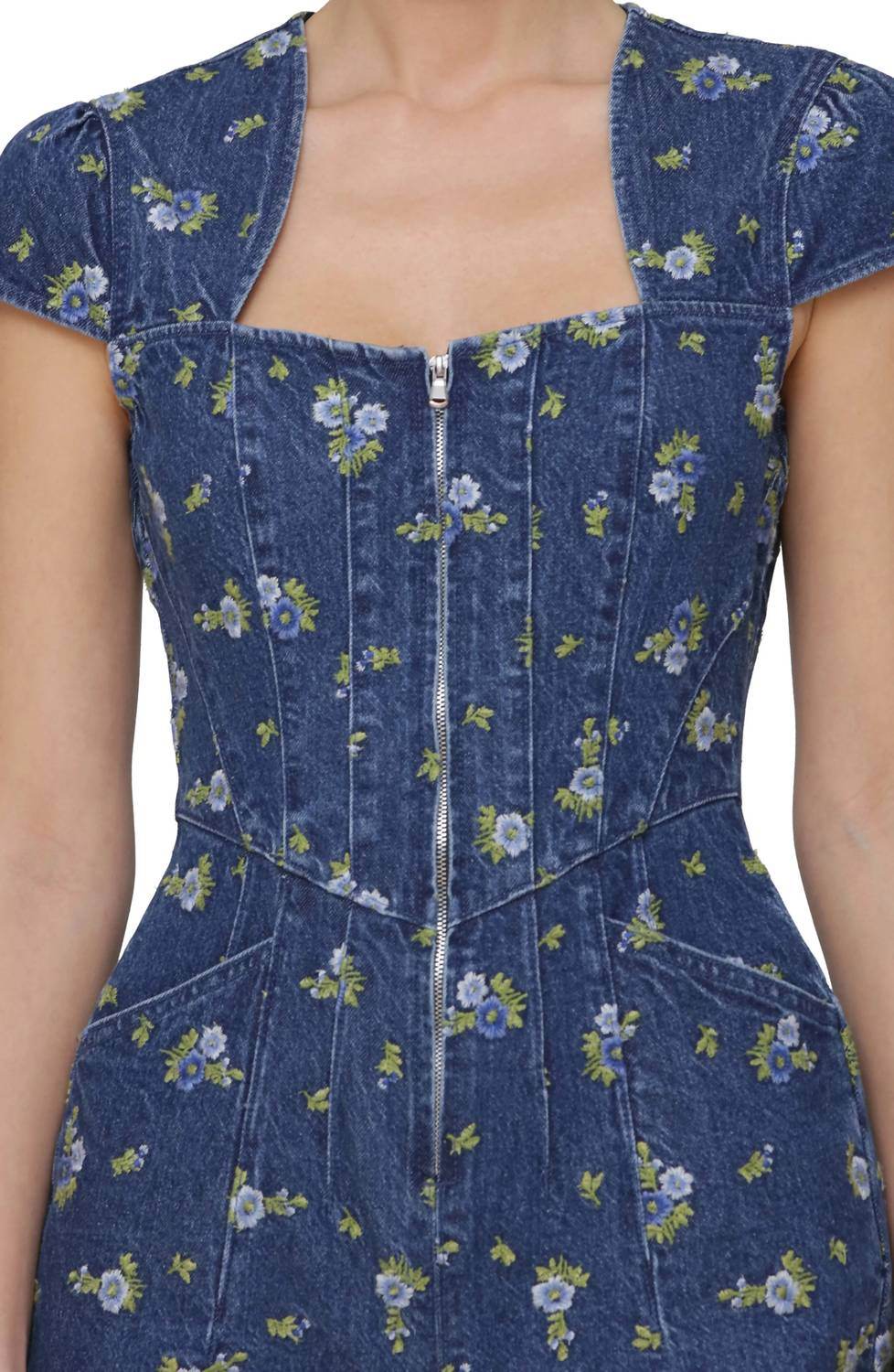 Avec Les Filles - Floral Cap Sleeve Corset Wide Leg Denim Jumpsuit - Rack Hunt -