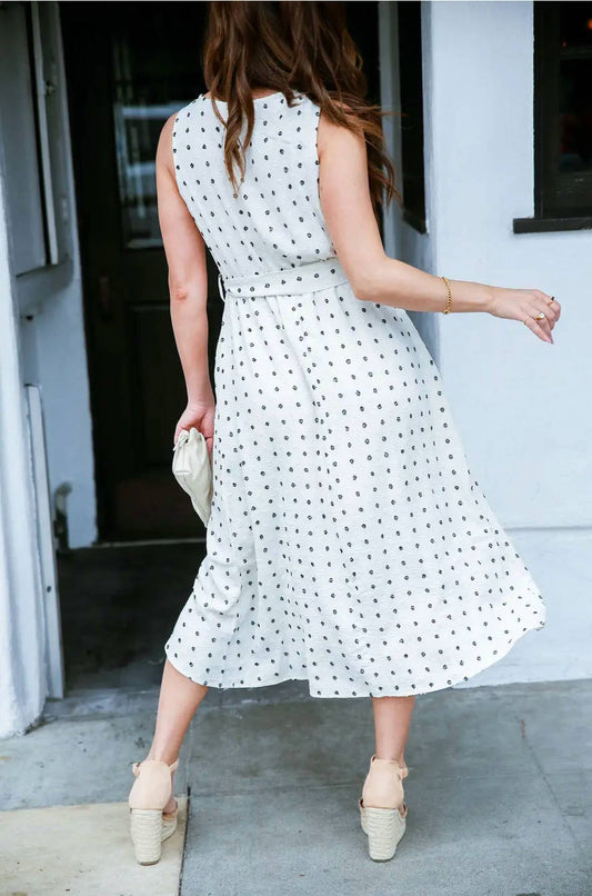Sleeveless Crew Neck Clip Dot Tulip Hem Midi Dress