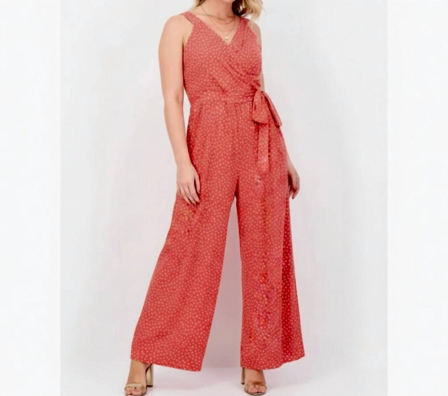 Polka Dot Wide Leg V-neck Jumpsuit