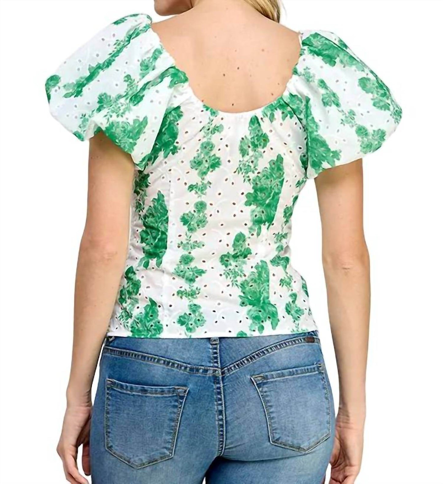 Rubienn - Eyelet Floral Print Balloon Sleeve Top - Rack Hunt -