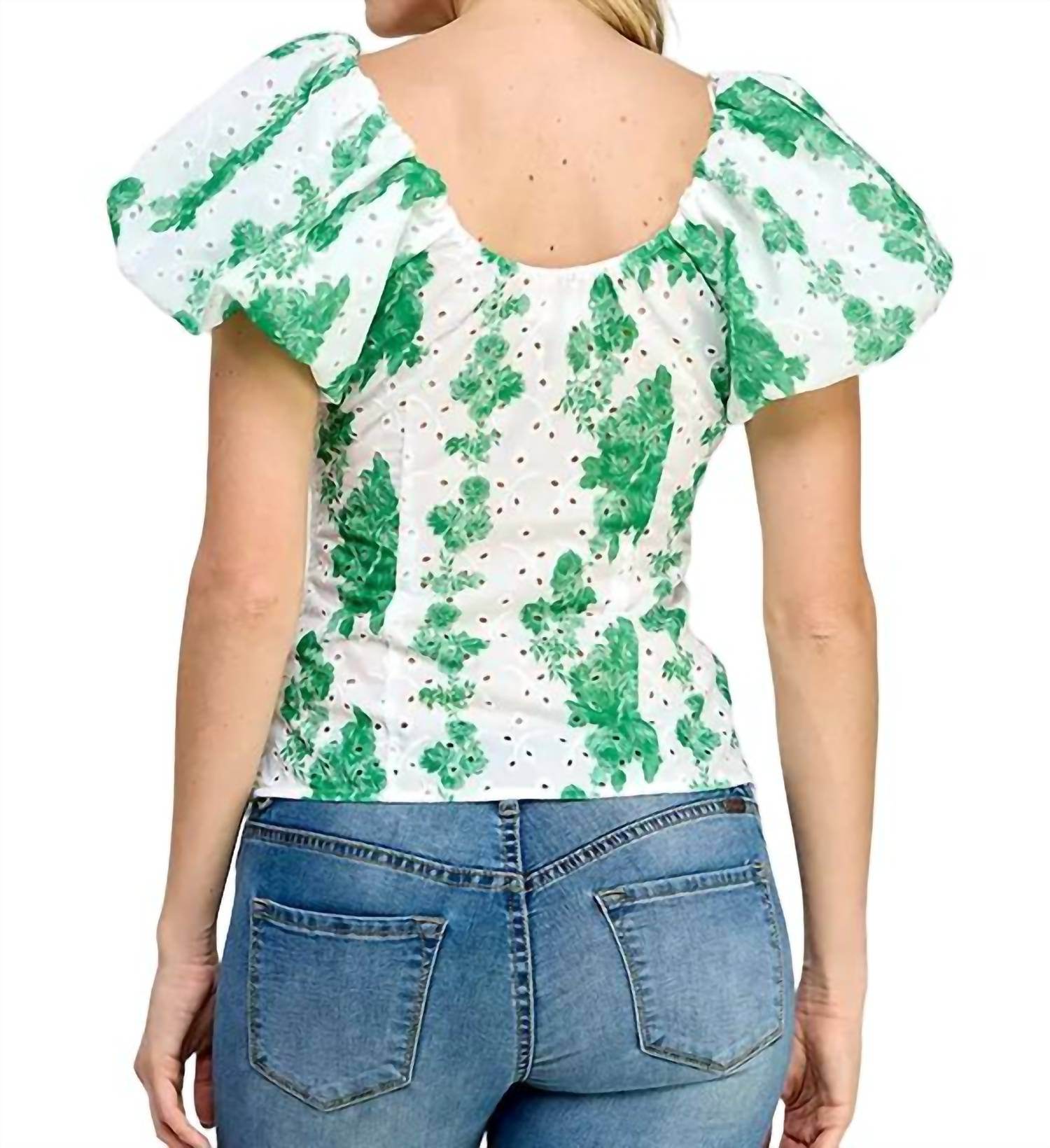 Rubienn - Eyelet Floral Print Balloon Sleeve Top - Rack Hunt -