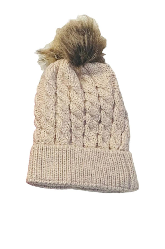 Kid's Knit Beanie with Fur Pom Pom