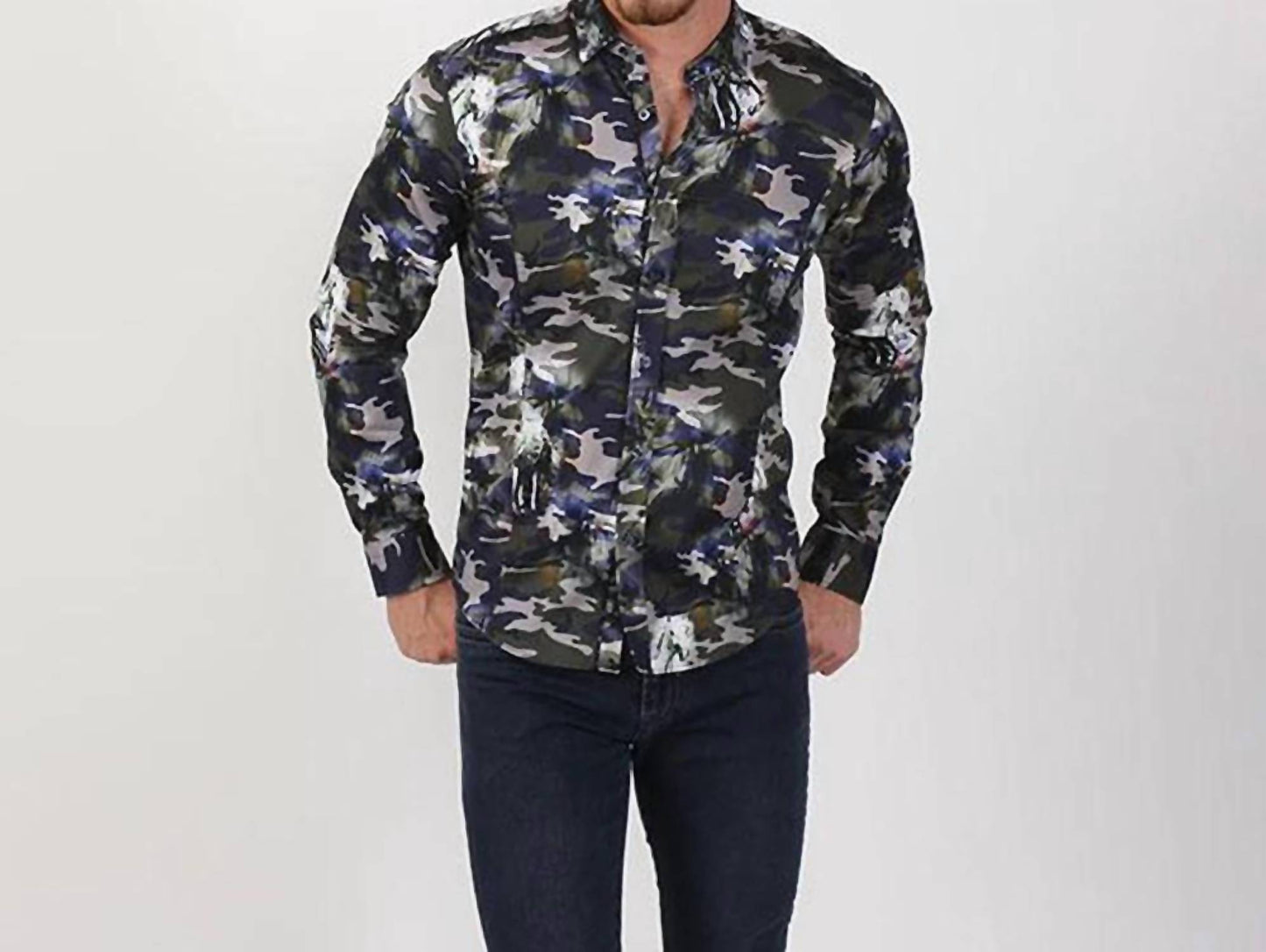 Horses Over Camo Digital Print Button Down Shirt